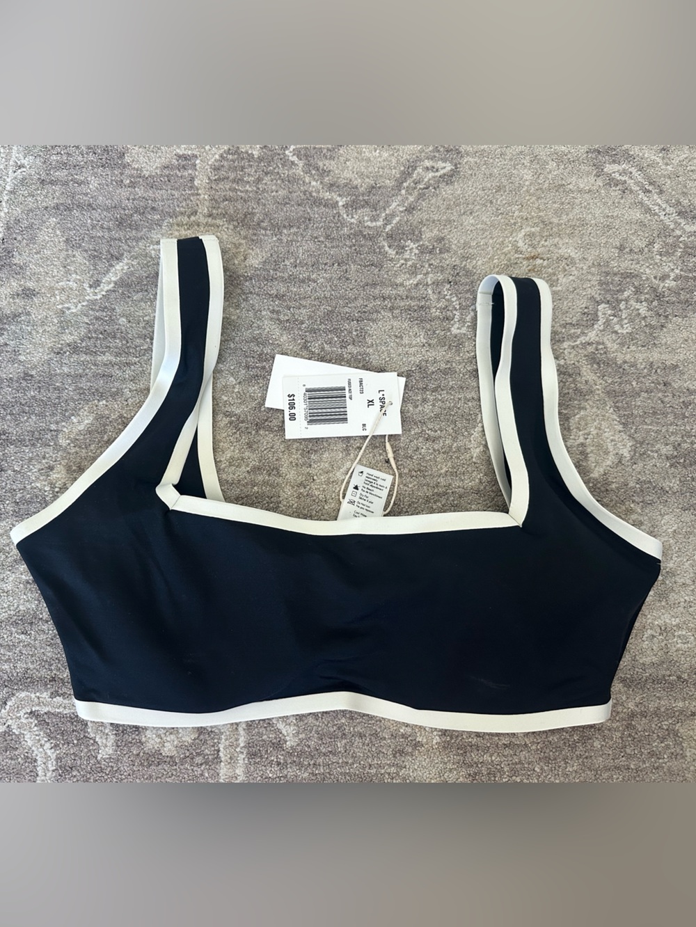 L*Space Fused Ace Bikini Top Size XL Black and Cream Trim Bralette NWT